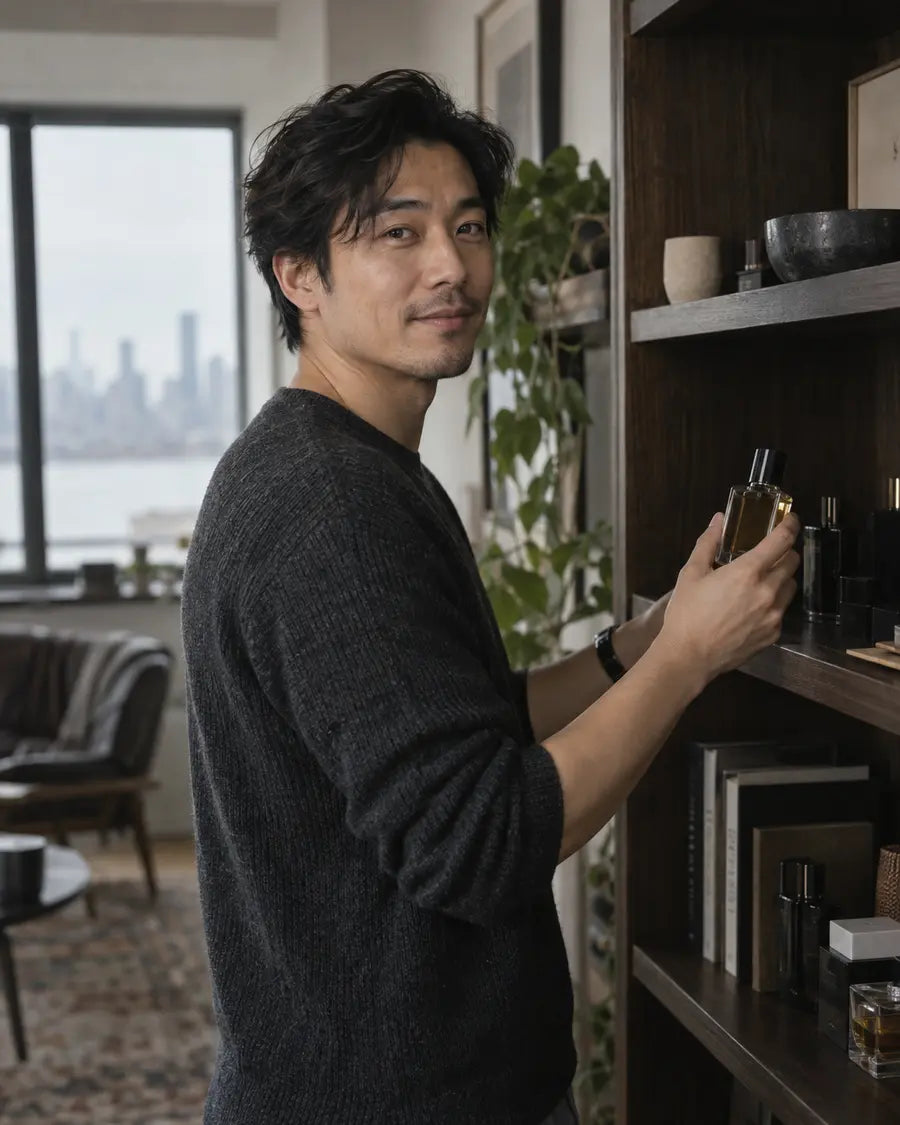 Man choosing a fragrance at home